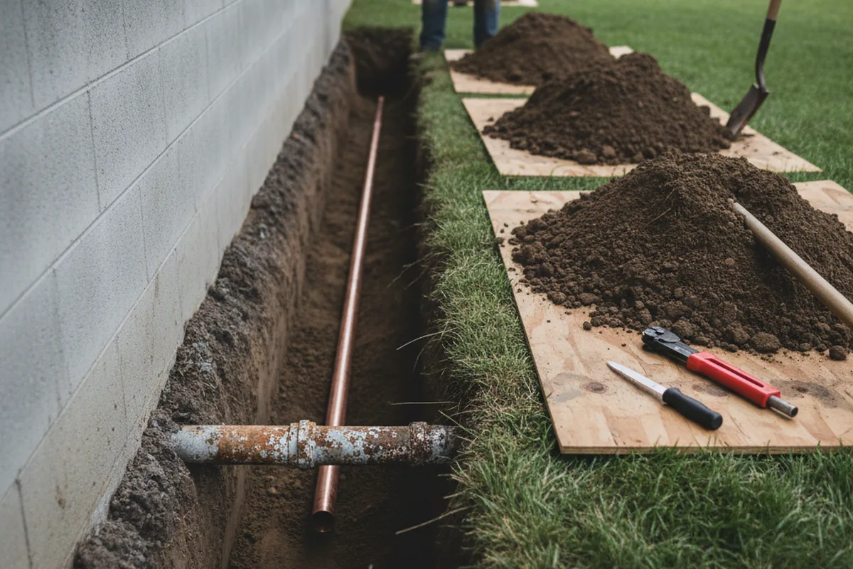 Excavated water line trench during Sewer Line Repair in Lockwood